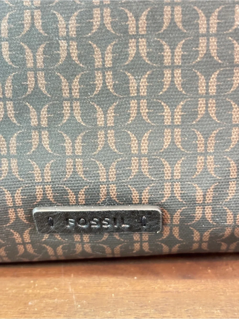 Fossil Dark Brown Monogram Canvas Tote with Black Handles